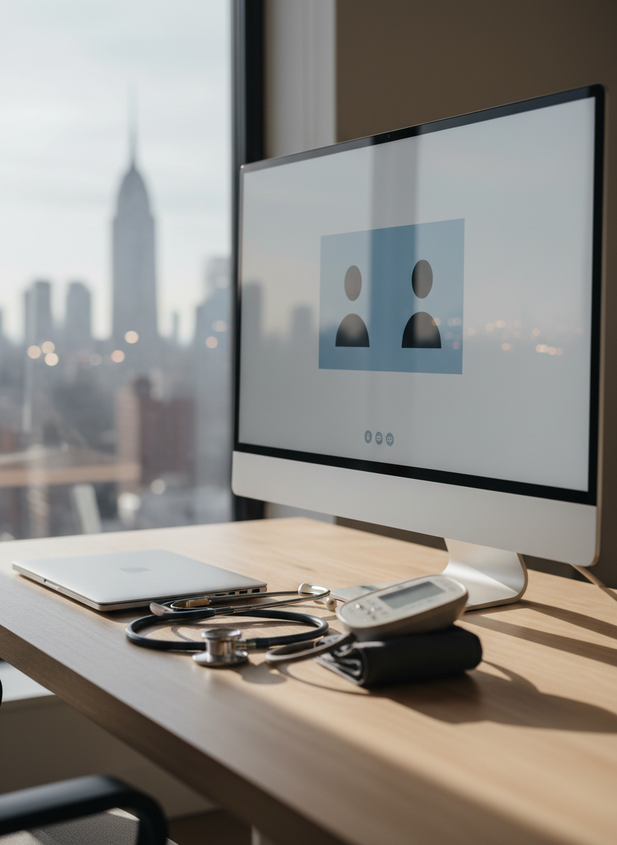 A sleek, modern telehealth workstation with a large, high-resolution monitor displaying a minimalist, text-free video call interface, set on a light wood desk in a quiet home office. A closed laptop, a stethoscope resting neatly beside it, and a digital blood pressure cuff hint at adult primary care. Soft, diffused daylight enters from an unseen window, creating gentle reflections on the screen and subtle shadows under the equipment. Photographic realism at eye level, with a shallow depth of field that keeps the central monitor crisp while the New York cityscape beyond the window is softly blurred, conveying calm, professional virtual care for adults.